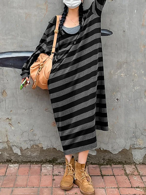 women's lightweight dressesHooded Stripe Long Sleeve Maxi Dress