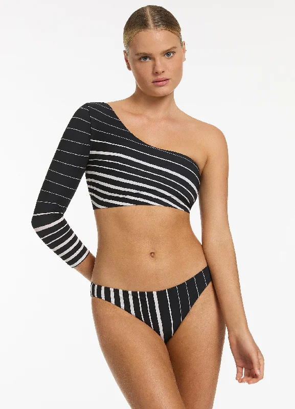 Eco-Friendly Female SwimwearLunar Stripe Lunar Stripe One Shoulder Top - Black/Chalk