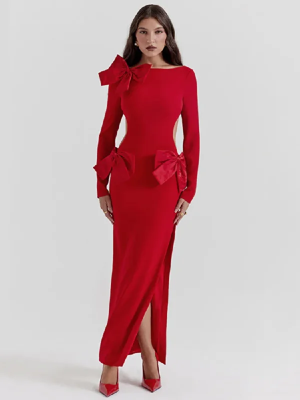 Fit-And-Flare DressElegant Bow Backless Maxi Christmas Party Dress