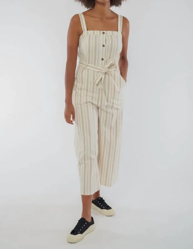 women's corduroy pantsRena Striped Jumpsuit In Beige Striped