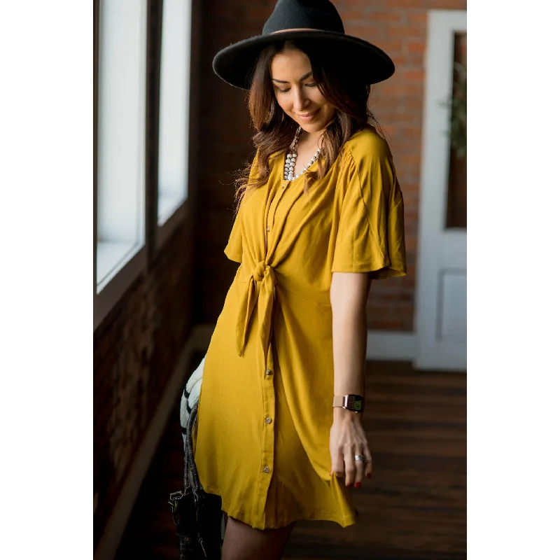 Leather DressMustard Front Tie Button Dress