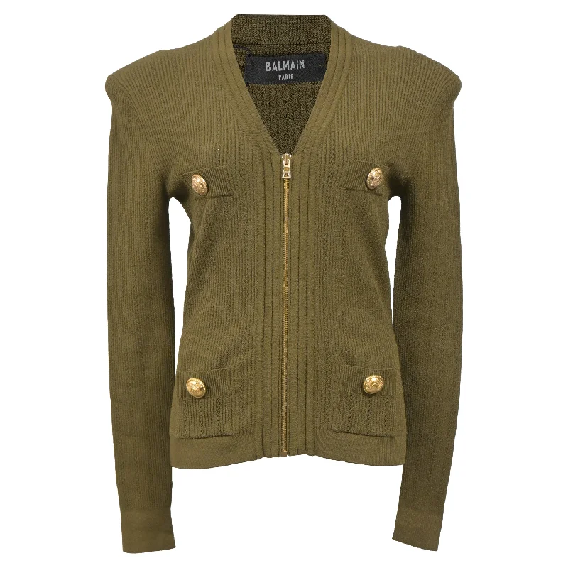 Oversized SweatersBalmain Zip Cardigan in Olive Green Wool