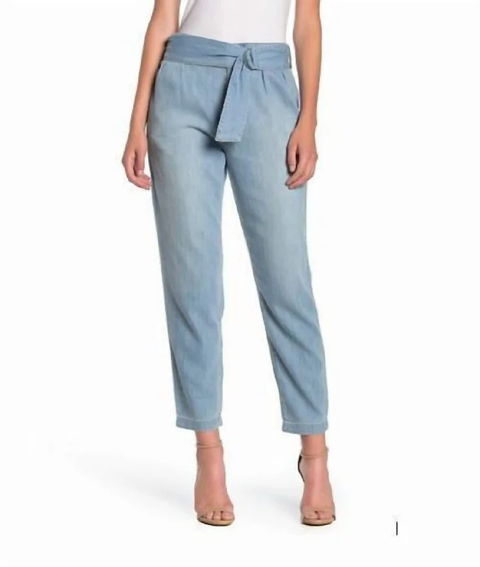 women's denim jeans with zippersBelted Paperbag Soft Denim High Rise Pants In Light Wash