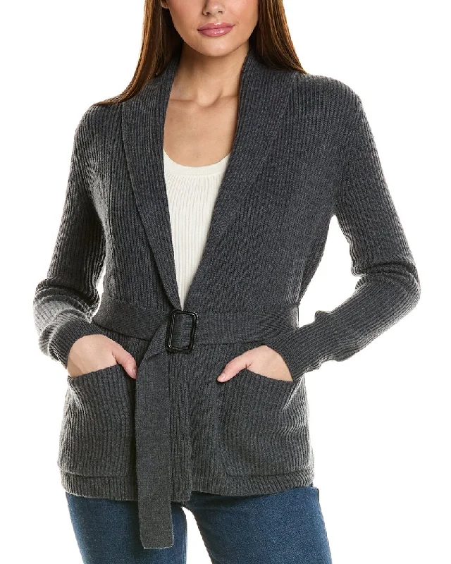 Cozy Embellished SweatersBruno Magli Ribbed Belted Shawl Wool Cardigan