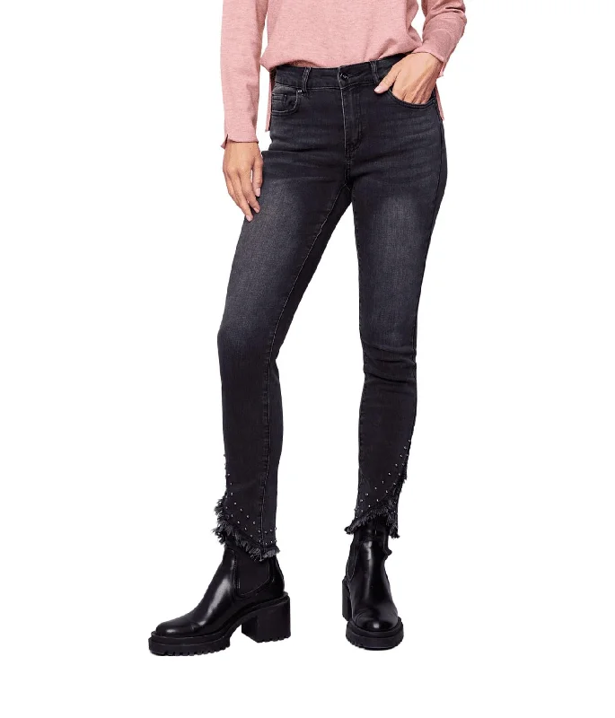 women's denim jeans for partiesCrossed Hem Jeans With Studs In Charcoal