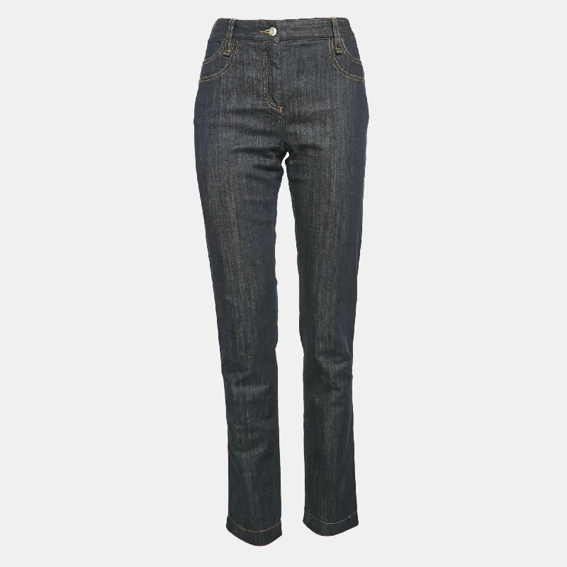 women's denim jeans with distressed back pocketsDolce & Gabbana Indigo Blue Logo Applique Deni