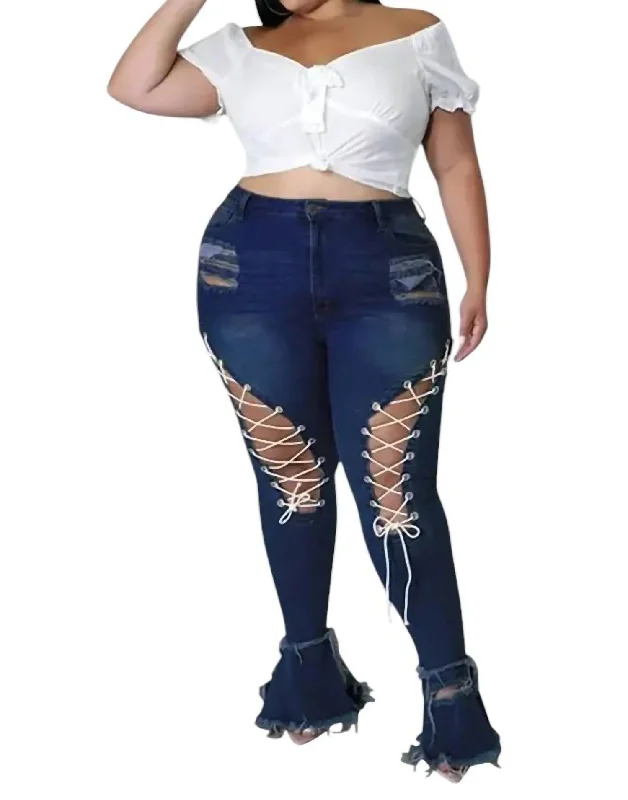 women's mom jeans denimLace Up Jeans In Dark Blue