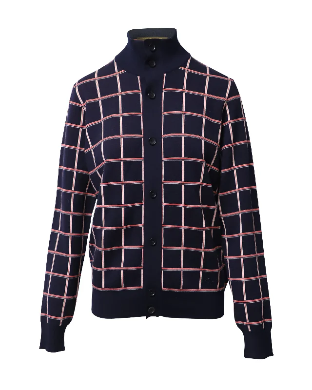 Affordable SweatersLouis Vuitton Jacquard Windowpane Check Cardigan in Navy Blue Wool