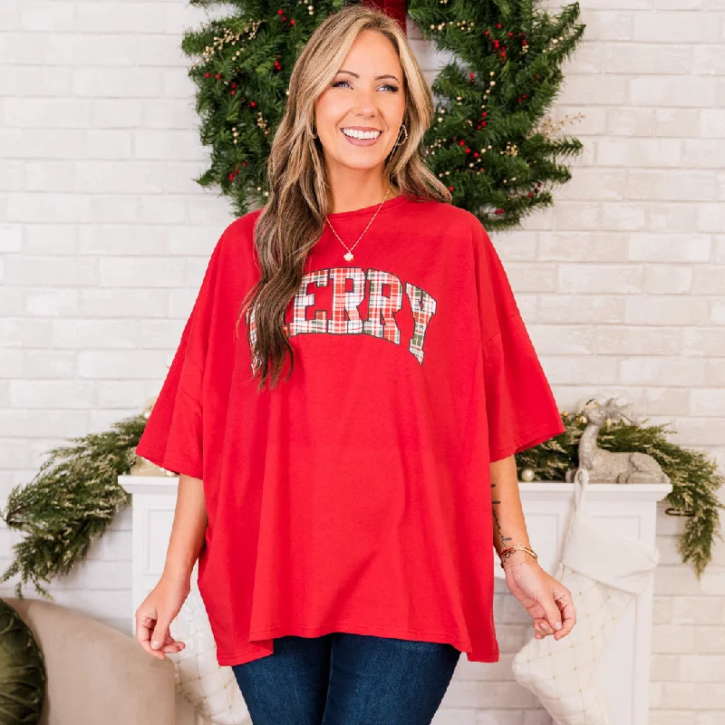 women's tops for those who love bold and vibrant colorsMerry and Plaid Boyfriend Tee, Red