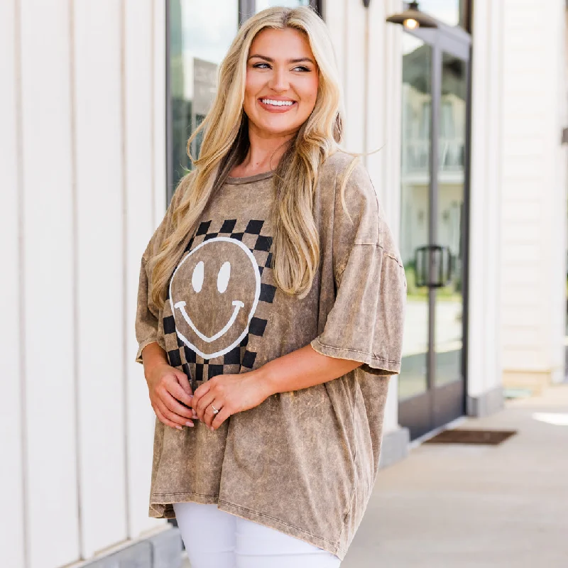 women's tops for those who love to dress up their casual looks with stylish topsOnly Smiles Acid Wash Boyfriend Tee, Mocha