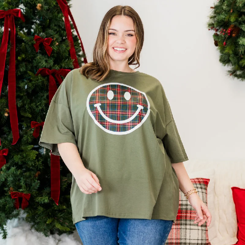 women's tops that offer a perfect blend of style, comfort, and affordabilityPlaid Smiley Boyfriend Tee, Moss