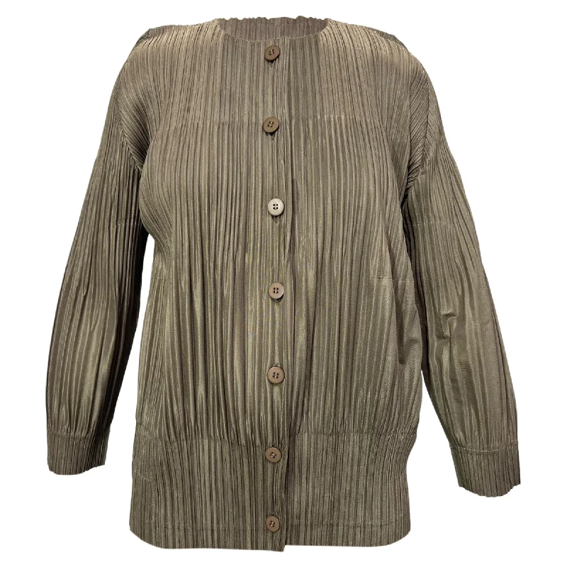 Pleats Please Issey Miyake Button-Down Top in Brown Polyester