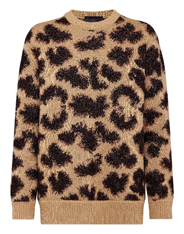 Cardigan SweatersPullover Round Neck SS Jacquard Lurex Leopard