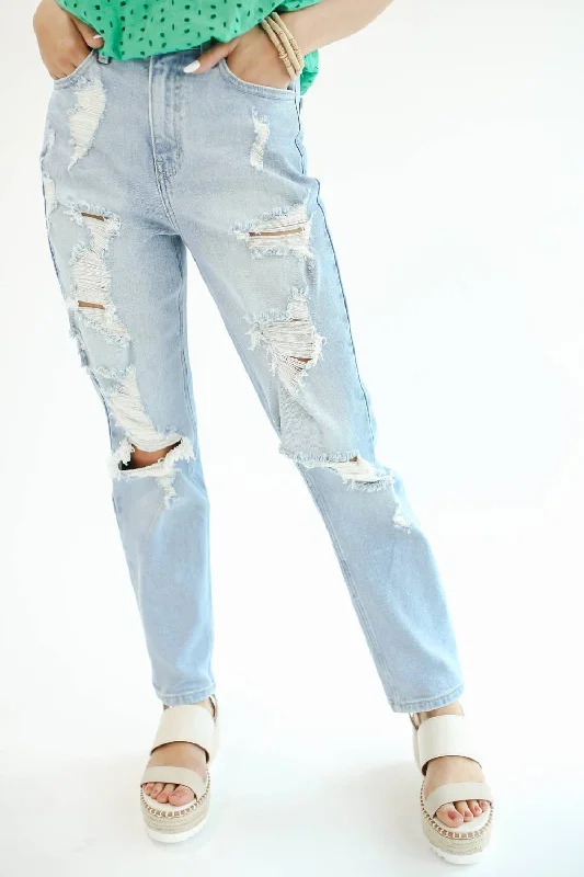 women's denim jeans with rhinestonesThe Amelia Distressed Mom Jean In Light Wash